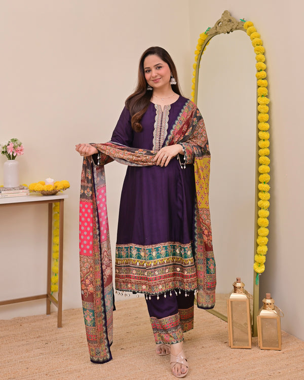 Purple Handwork Silk A Line Festive Suit