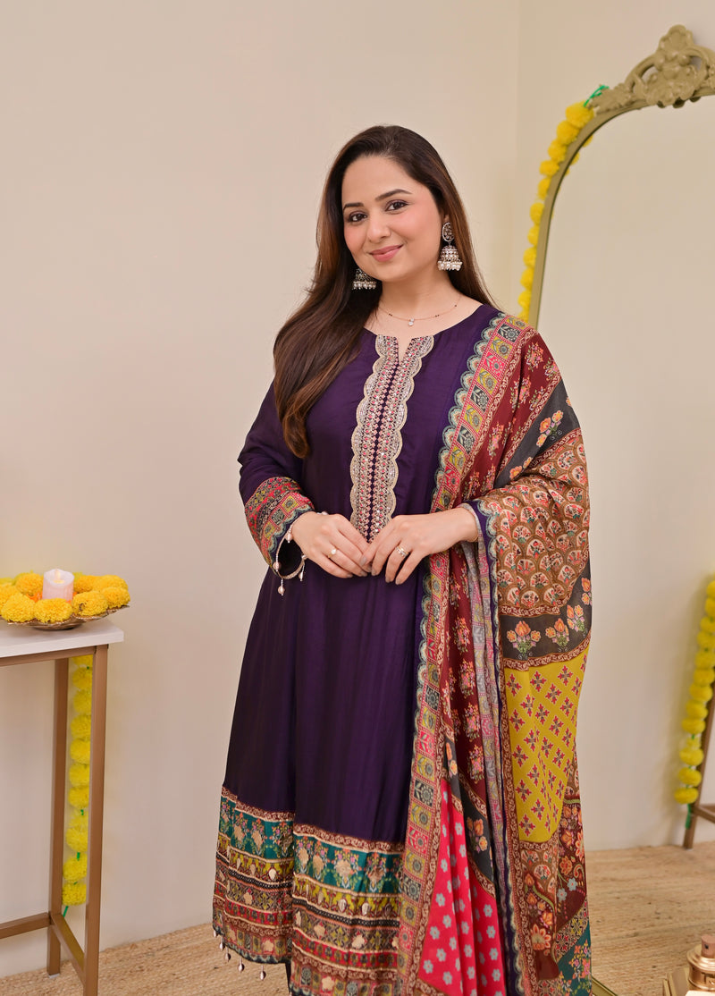Purple Handwork Silk A Line Festive Suit