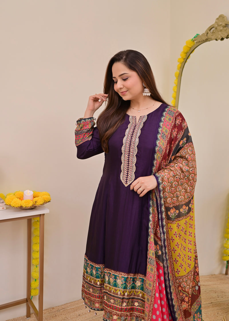 Purple Handwork Silk A Line Festive Suit
