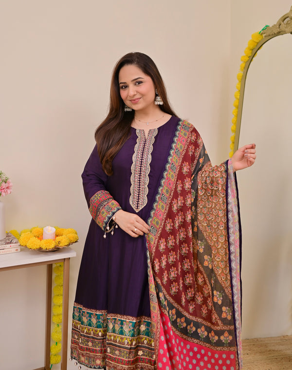 Purple Handwork Silk A Line Festive Suit
