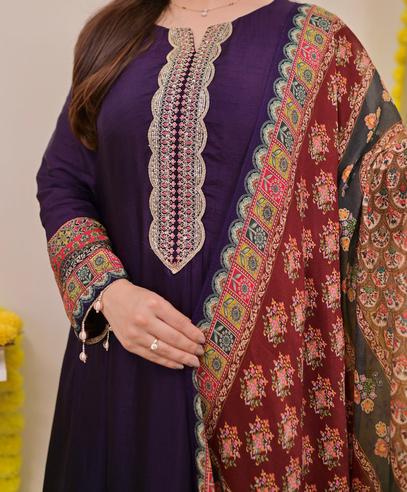Purple Handwork Silk A Line Festive Suit
