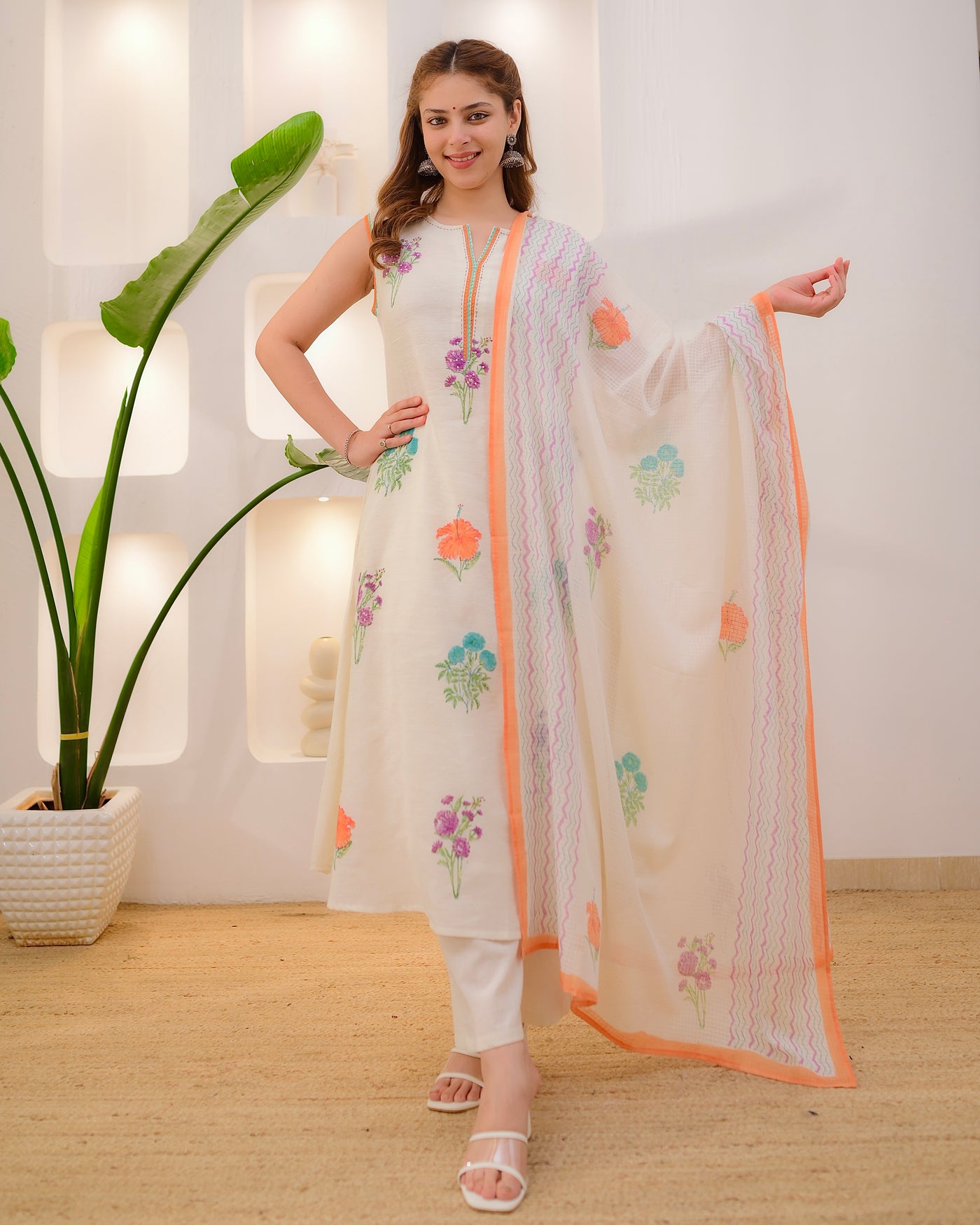 Ivory Peach Blossom A Line Linen Cotton Suit