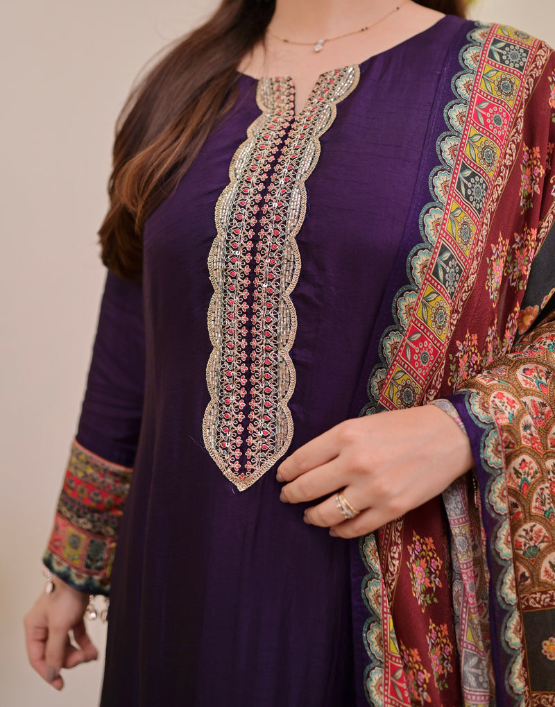 Purple Handwork Silk A Line Festive Suit