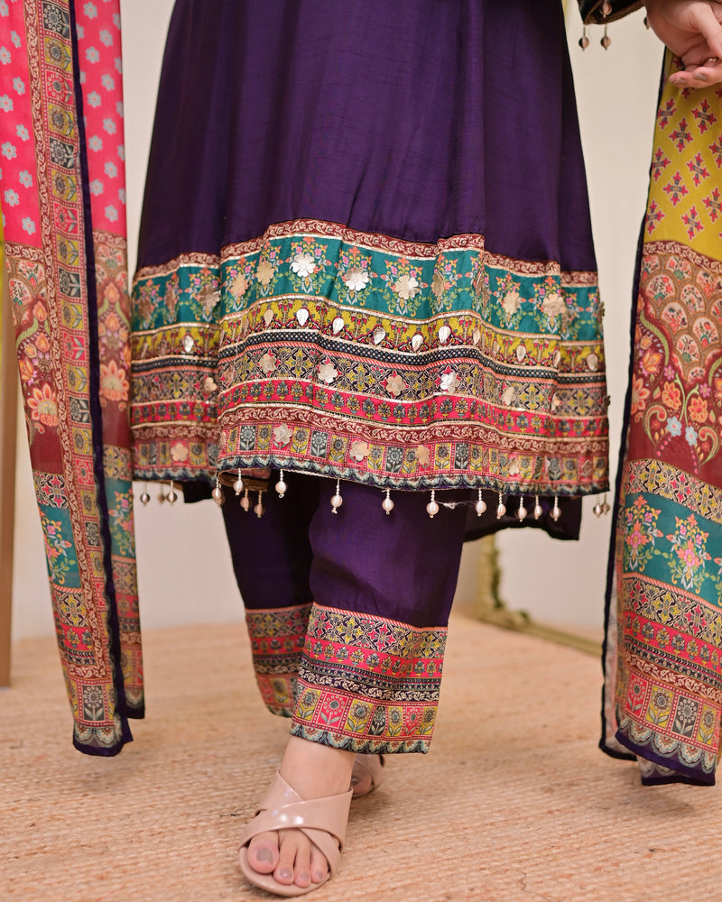 Purple Handwork Silk A Line Festive Suit