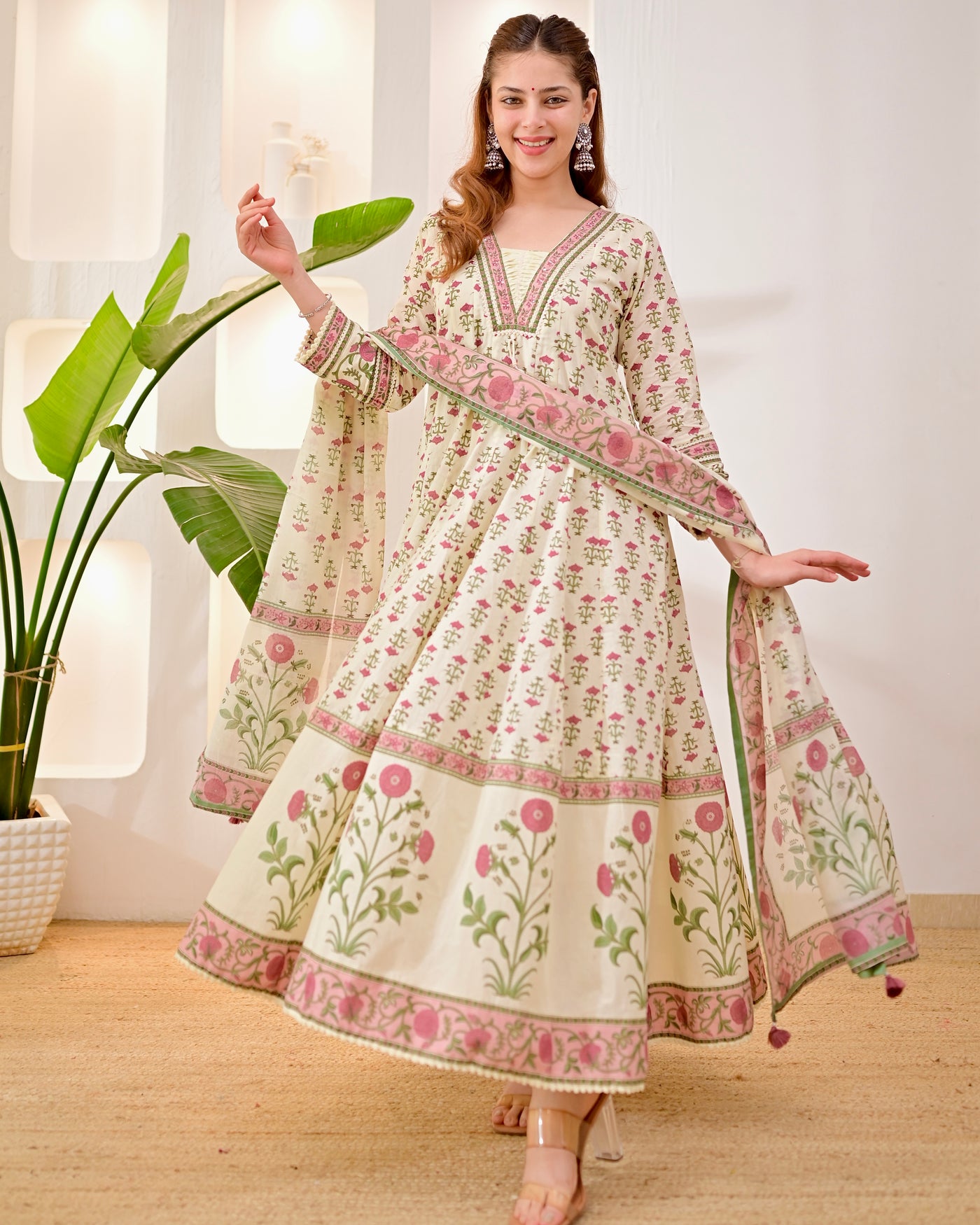 Ivory Pink Gulbahar Floral 3 PC Premium Cotton Anarkali Suit For Women L