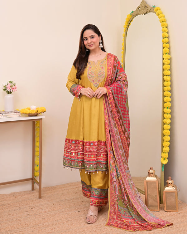 Mustard Yellow Handwork Silk A Line Festive Suit