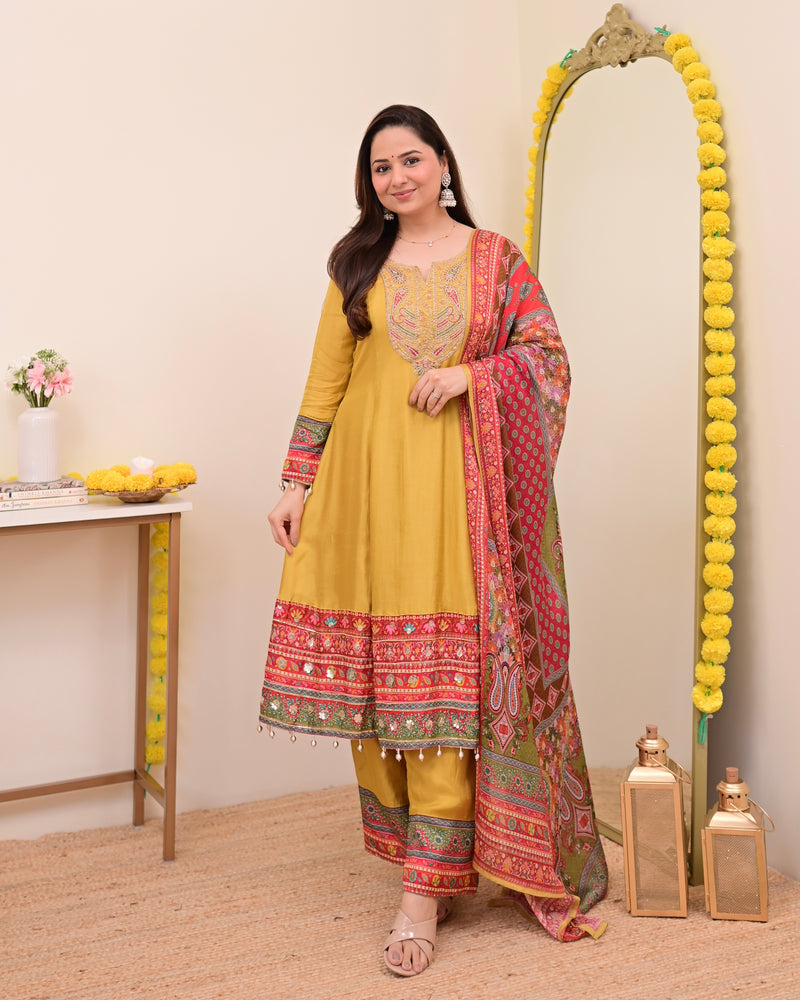 Mustard Yellow Handwork Silk A Line Festive Suit