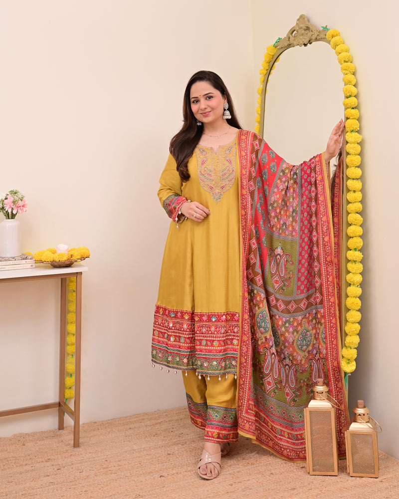Mustard Yellow Handwork Silk A Line Festive Suit