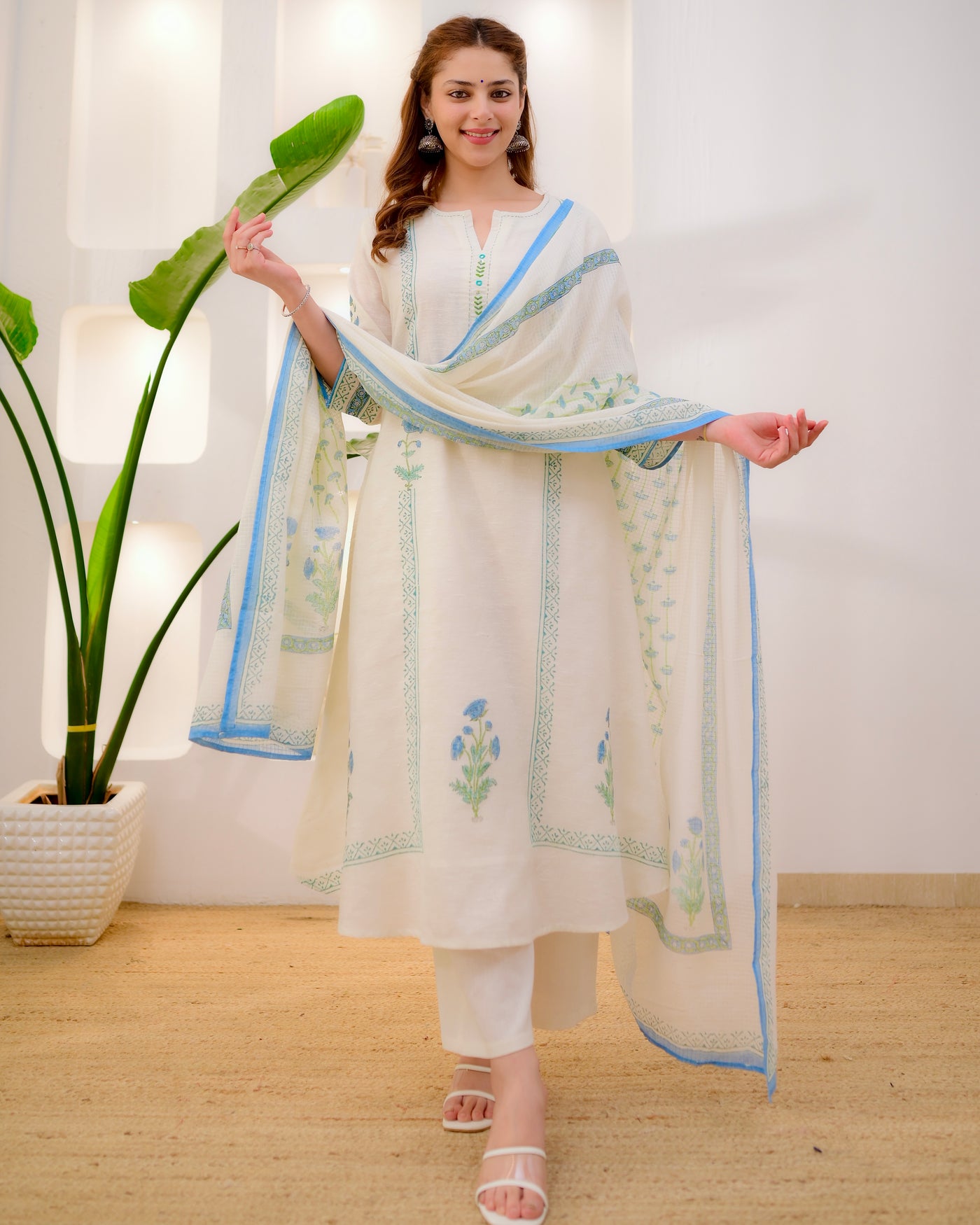 Ivory Azure Bloom A Line Linen Cotton Suit