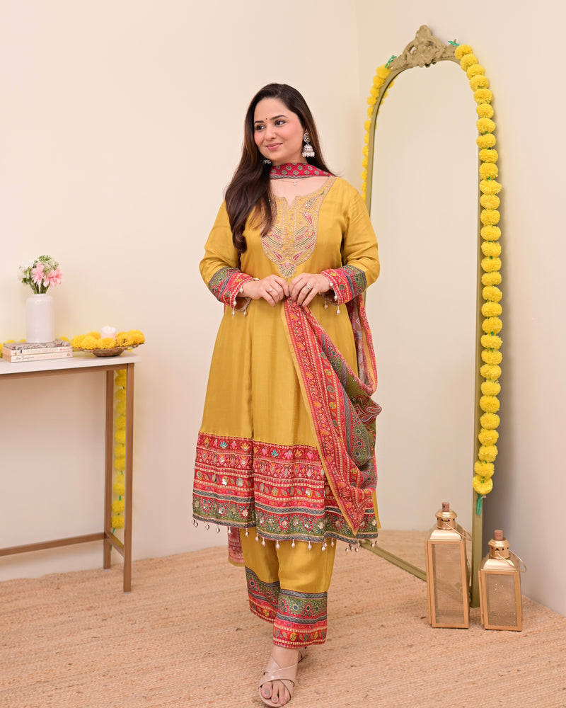 Mustard Yellow Handwork Silk A Line Festive Suit