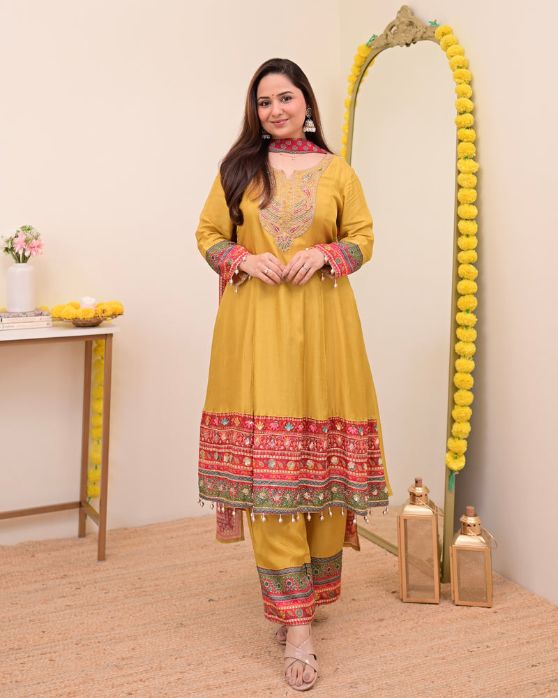 Mustard Yellow Handwork Silk A Line Festive Suit