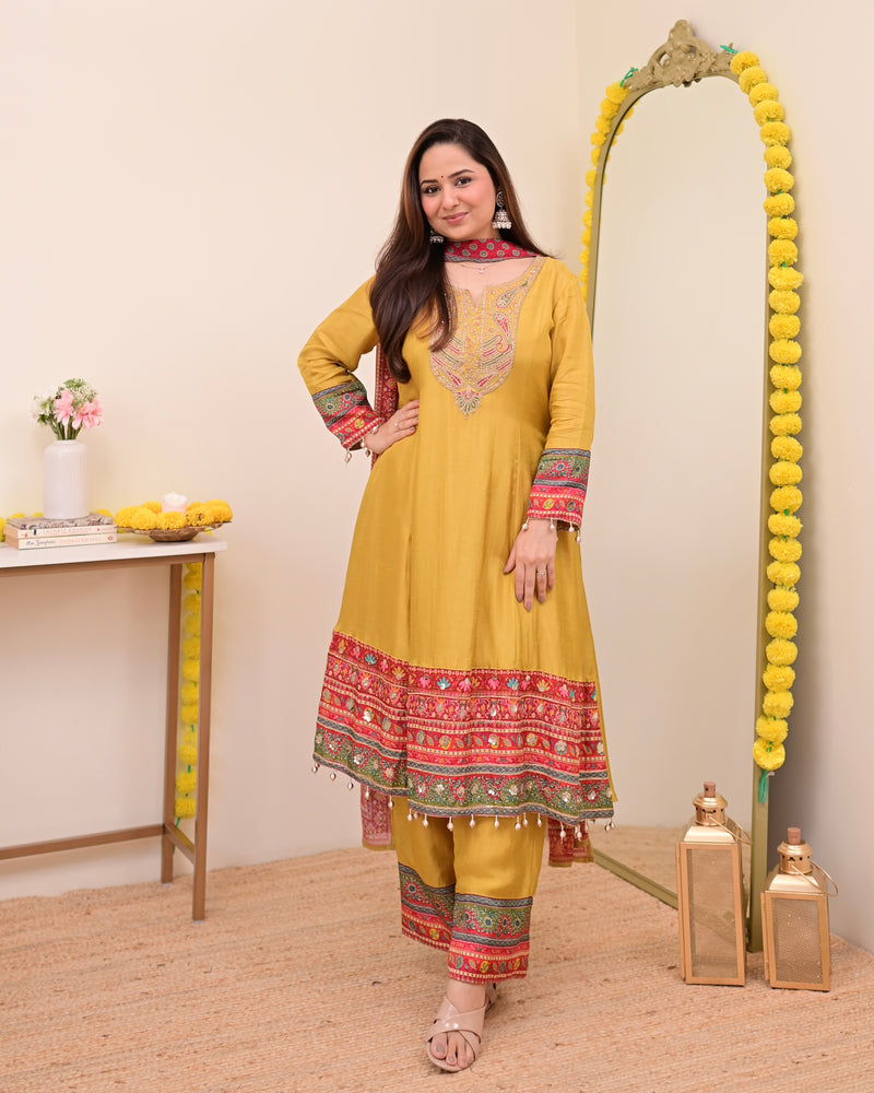 Mustard Yellow Handwork Silk A Line Festive Suit