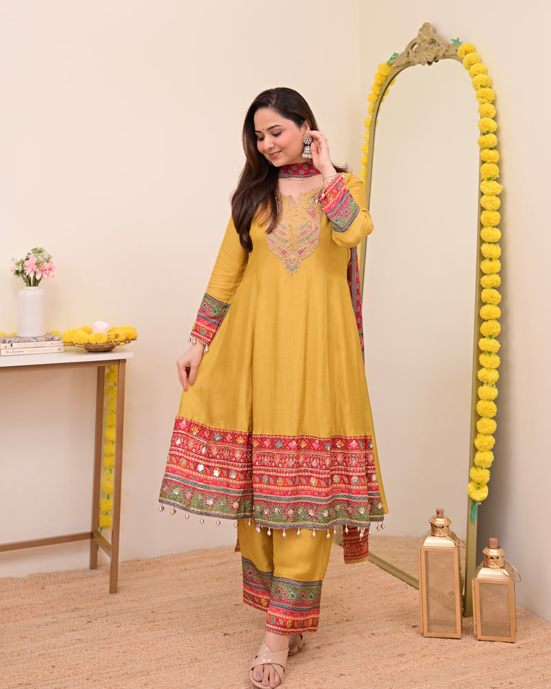 Mustard Yellow Handwork Silk A Line Festive Suit