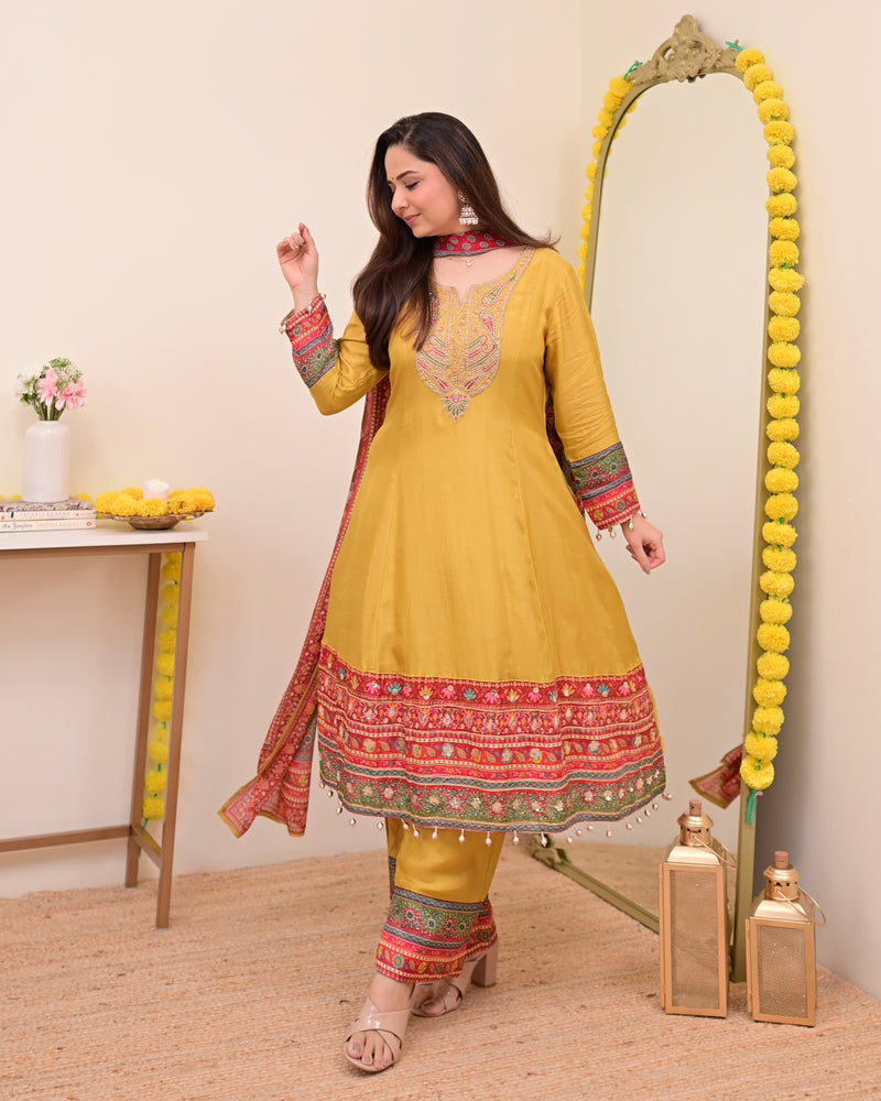 Mustard Yellow Handwork Silk A Line Festive Suit