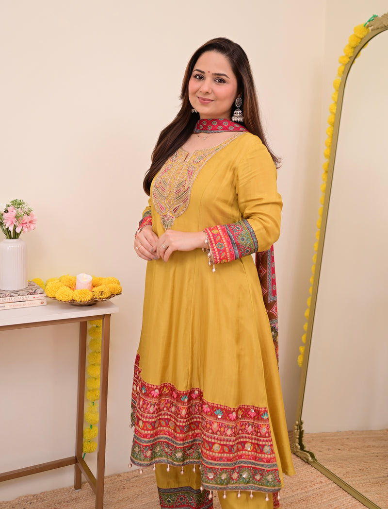 Mustard Yellow Handwork Silk A Line Festive Suit