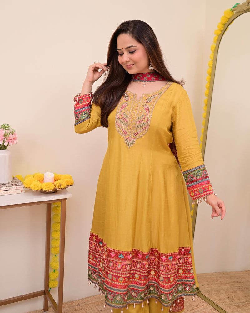 Mustard Yellow Handwork Silk A Line Festive Suit