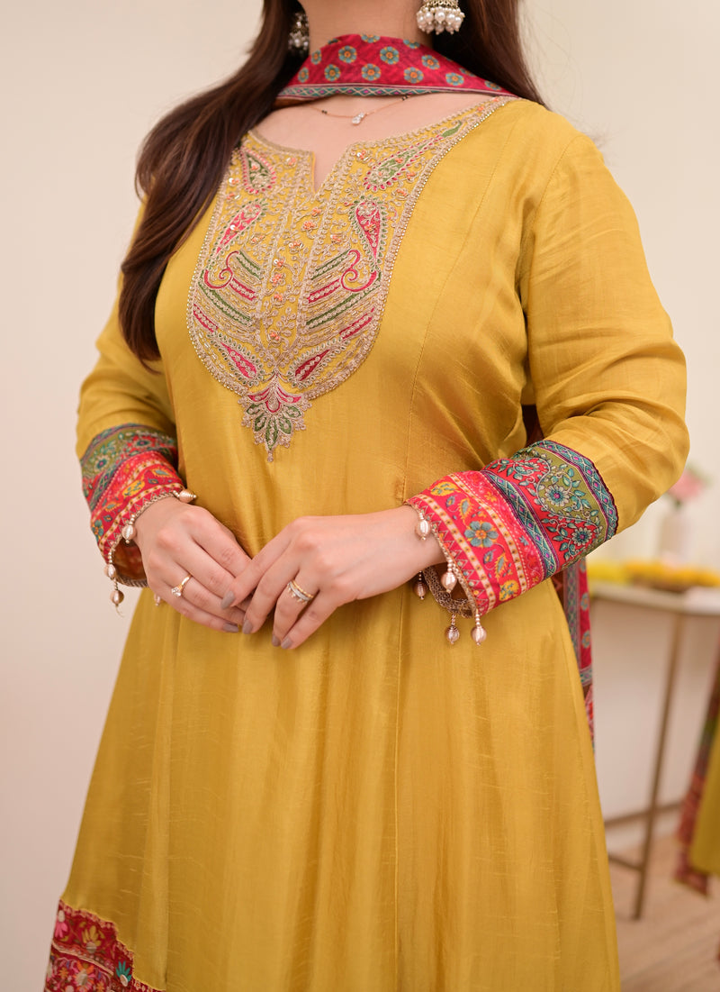 Mustard Yellow Handwork Silk A Line Festive Suit