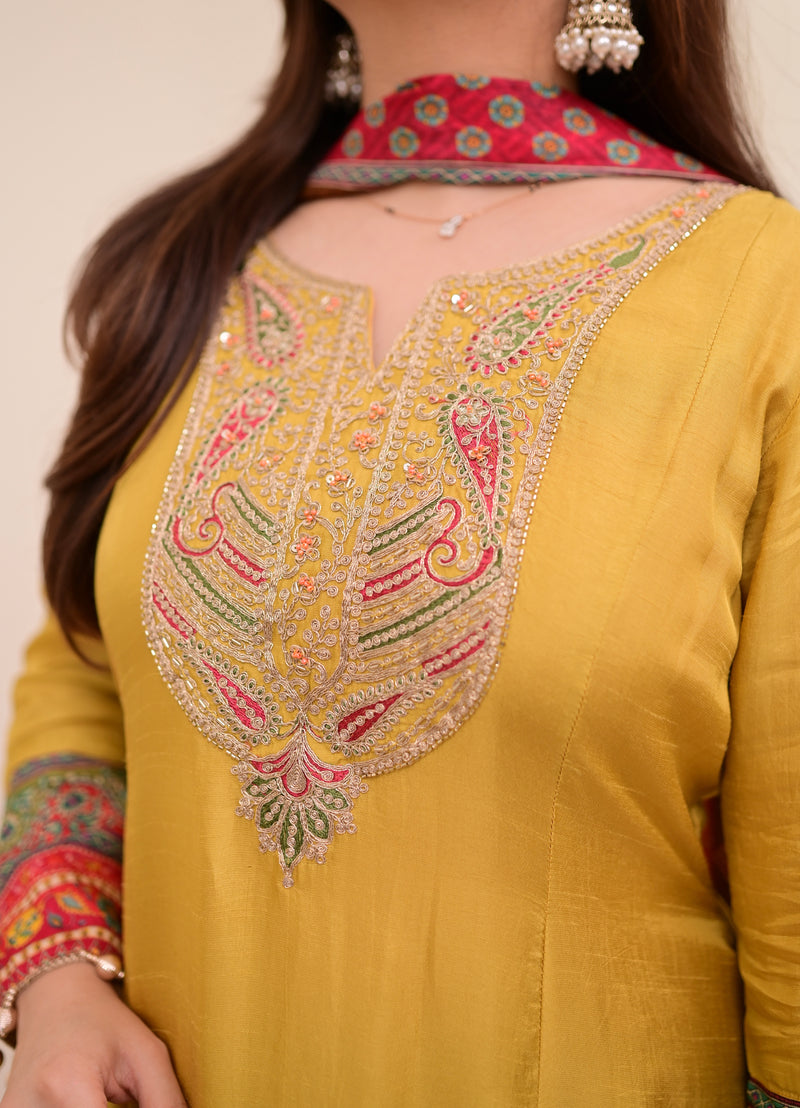 Mustard Yellow Handwork Silk A Line Festive Suit