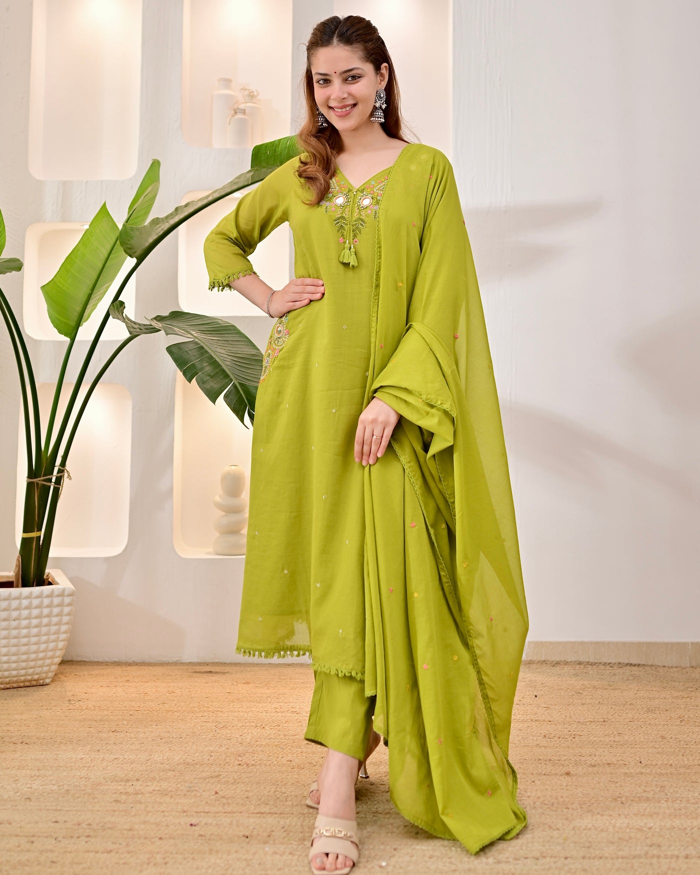 Pistachio Bloom Mul Cotton Threadwork A Line Suit