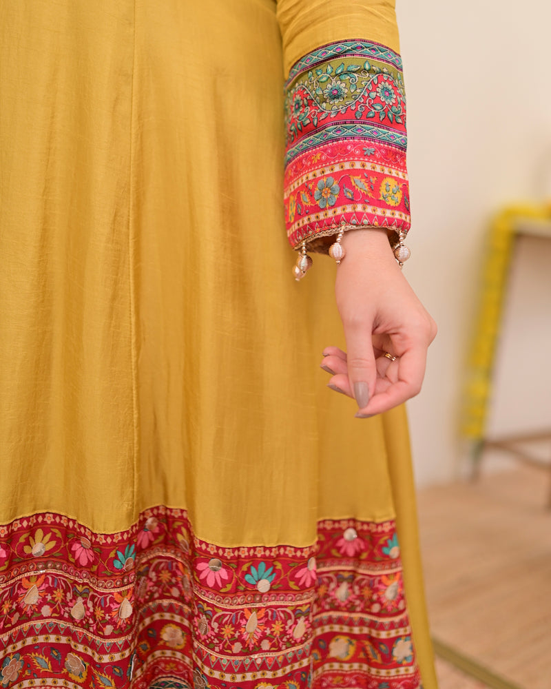 Mustard Yellow Handwork Silk A Line Festive Suit