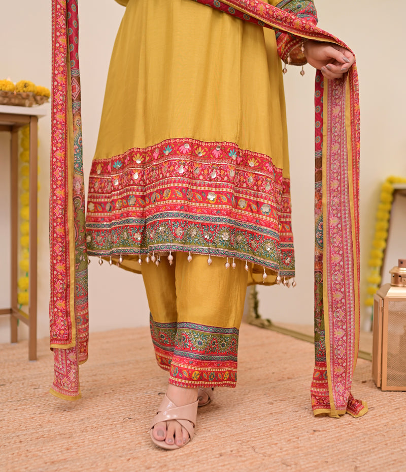 Mustard Yellow Handwork Silk A Line Festive Suit