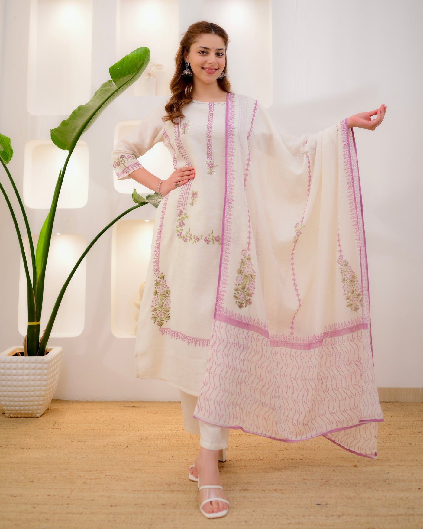 Ivory Lilac Noor Garden Linen Cotton Suit