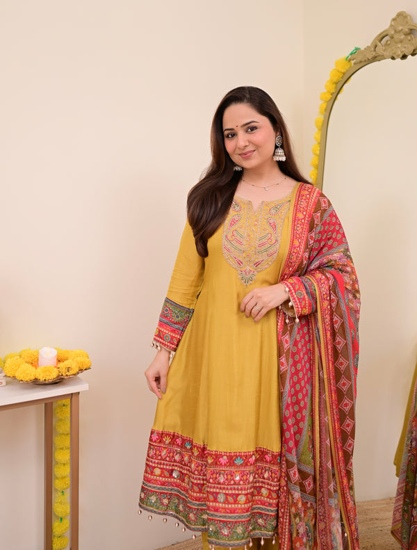 Mustard Yellow Handwork Silk A Line Festive Suit