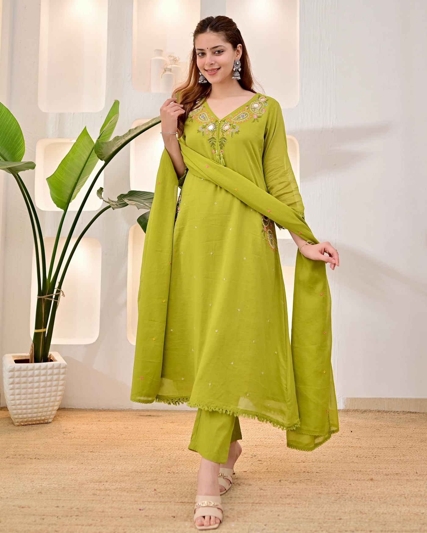 Pistachio Bloom Mul Cotton Threadwork A Line Suit