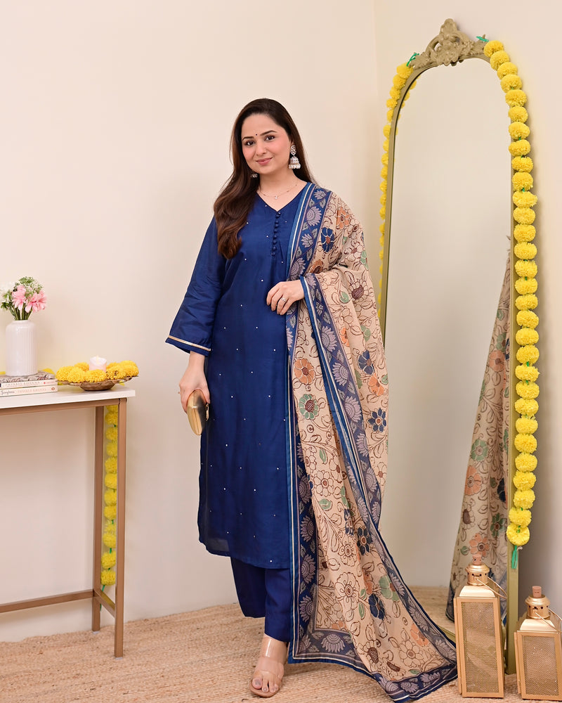 Navy Blue Chanderi Silk Kalamkari Suit