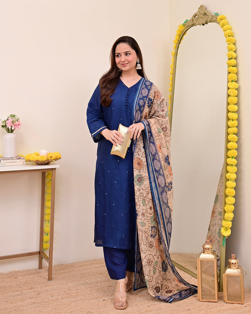 Navy Blue Chanderi Silk Kalamkari Suit