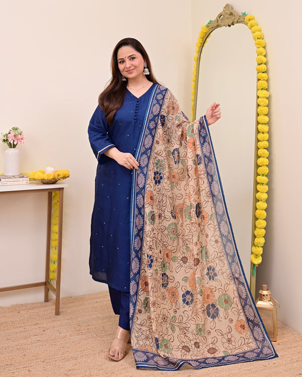 Navy Blue Chanderi Silk Kalamkari Suit