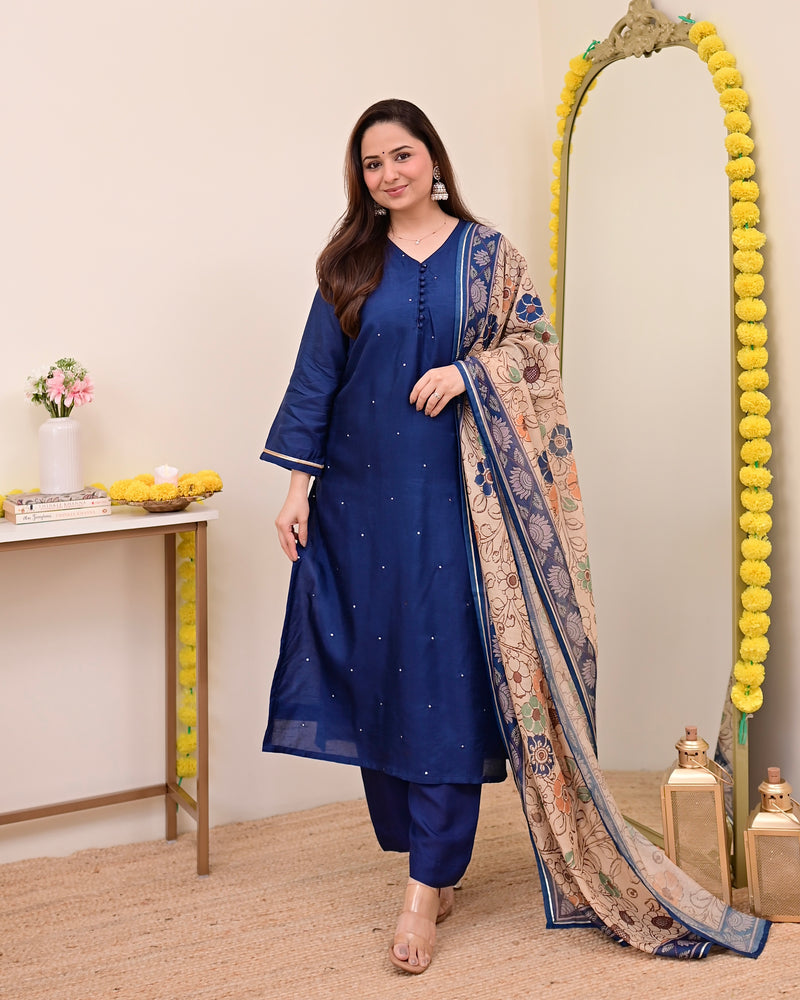 Navy Blue Chanderi Silk Kalamkari Suit