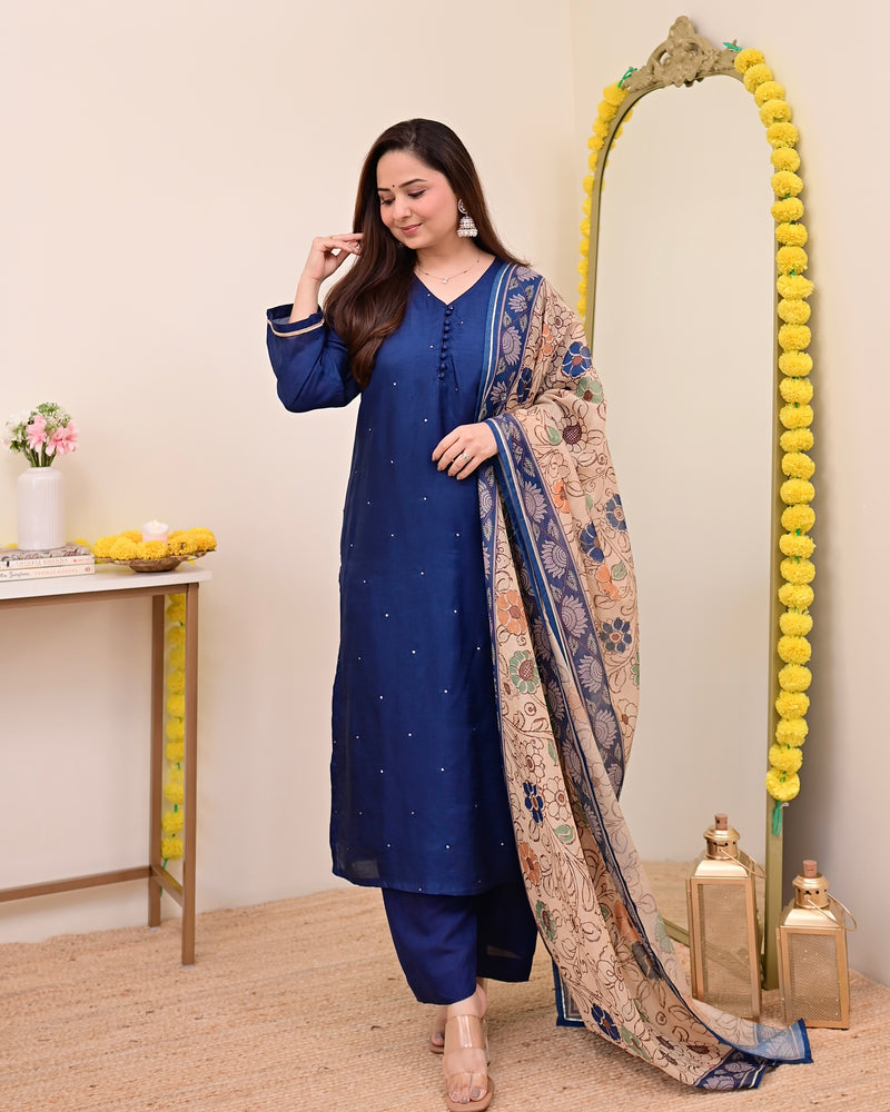 Navy Blue Chanderi Silk Kalamkari Suit