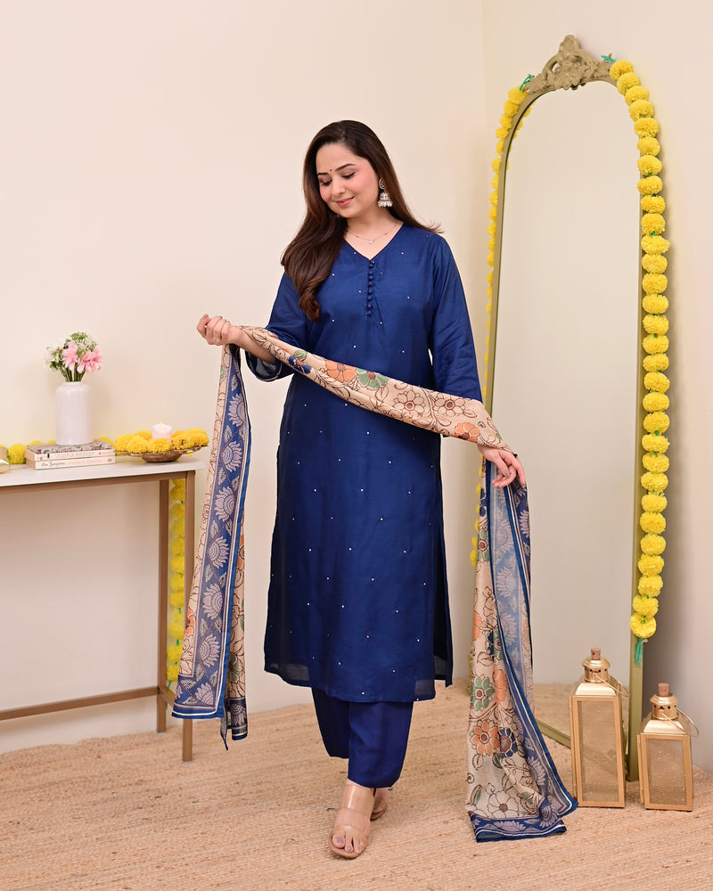 Navy Blue Chanderi Silk Kalamkari Suit