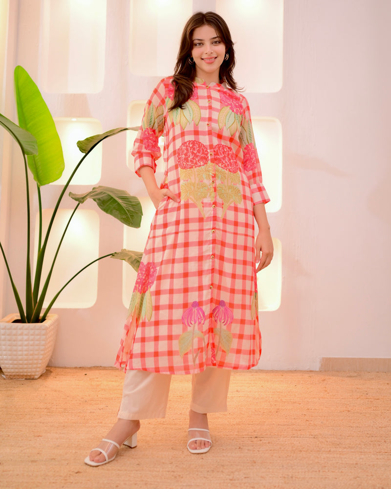 Peach Checkered Blossom A Line Cotton Kurta Set