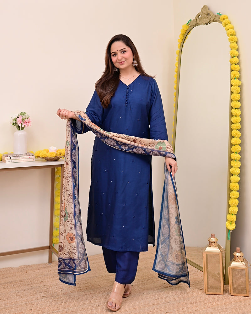 Navy Blue Chanderi Silk Kalamkari Suit