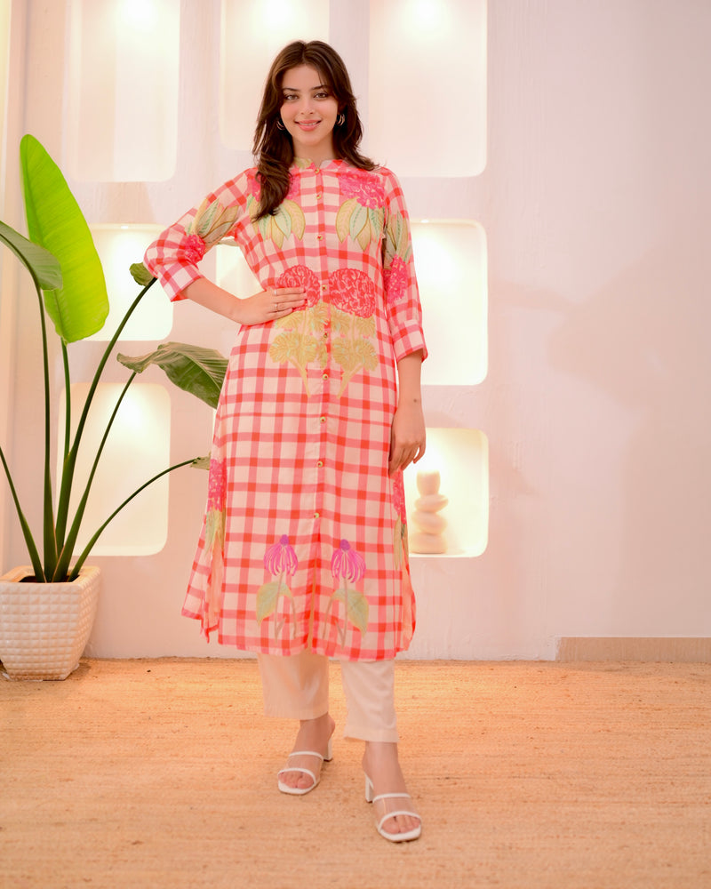 Peach Checkered Blossom A Line Cotton Kurta Set