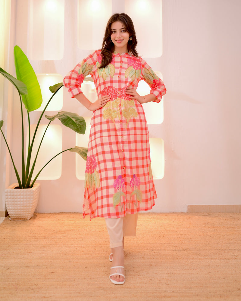 Peach Checkered Blossom A Line Cotton Kurta Set