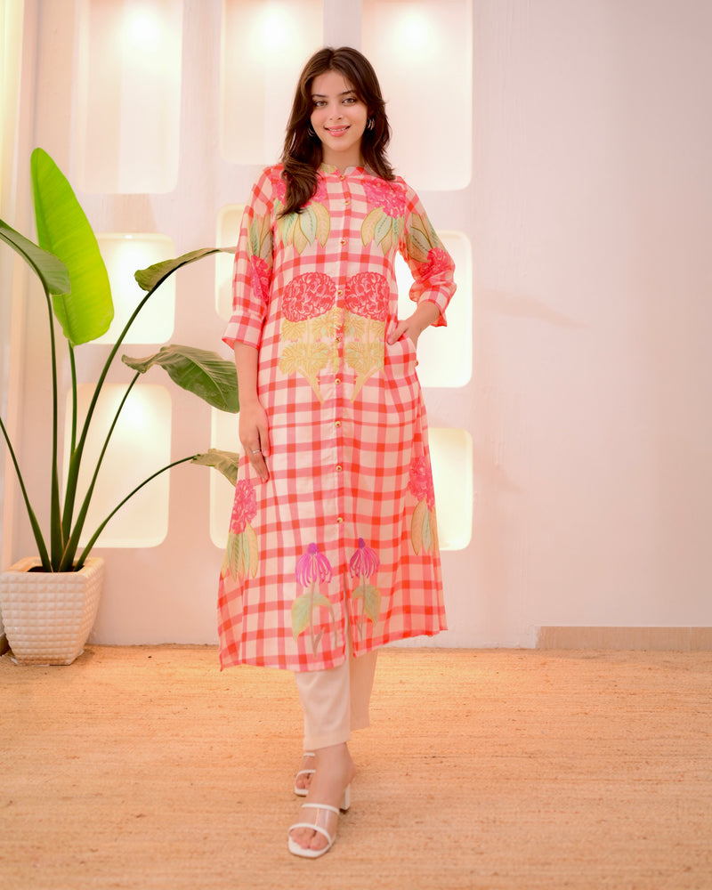 Peach Checkered Blossom A Line Cotton Kurta Set
