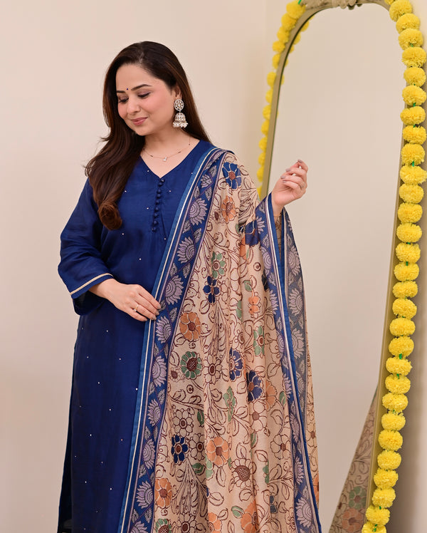 Navy Blue Chanderi Silk Kalamkari Suit