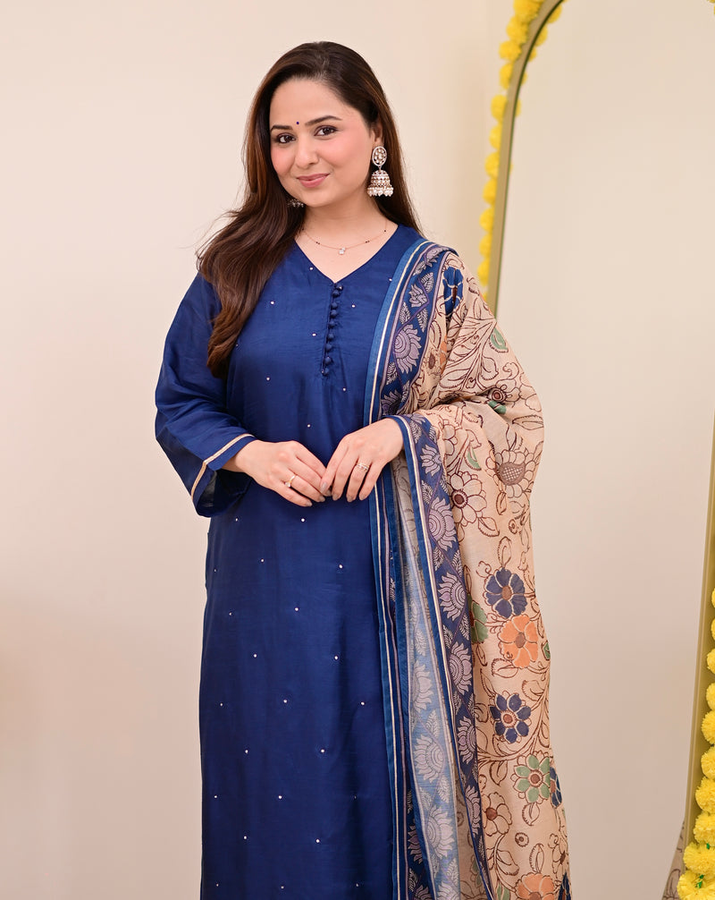Navy Blue Chanderi Silk Kalamkari Suit
