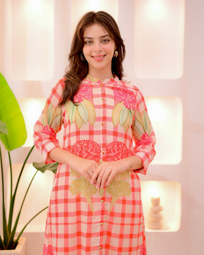 Peach Checkered Blossom A Line Cotton Kurta Set
