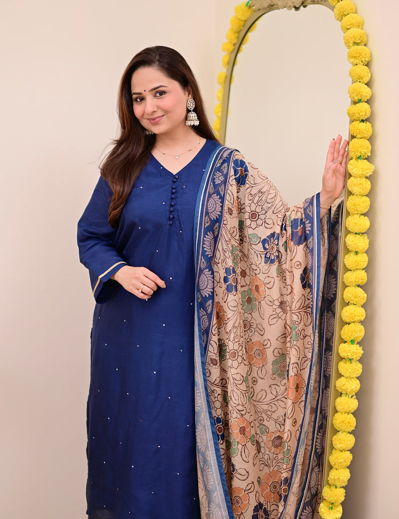 Navy Blue Chanderi Silk Kalamkari Suit