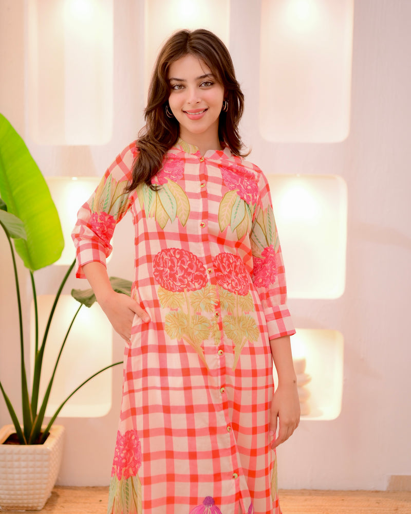 Peach Checkered Blossom A Line Cotton Kurta Set
