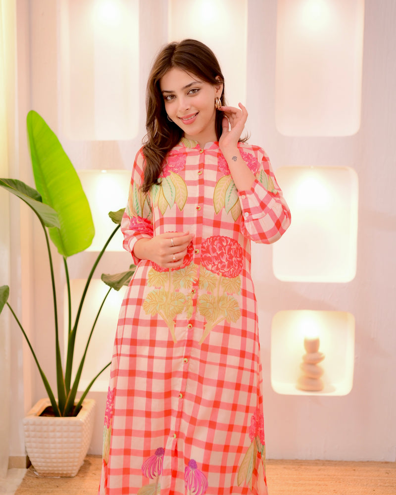 Peach Checkered Blossom A Line Cotton Kurta Set