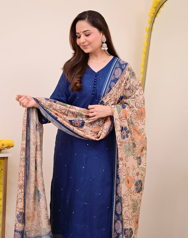 Navy Blue Chanderi Silk Kalamkari Suit