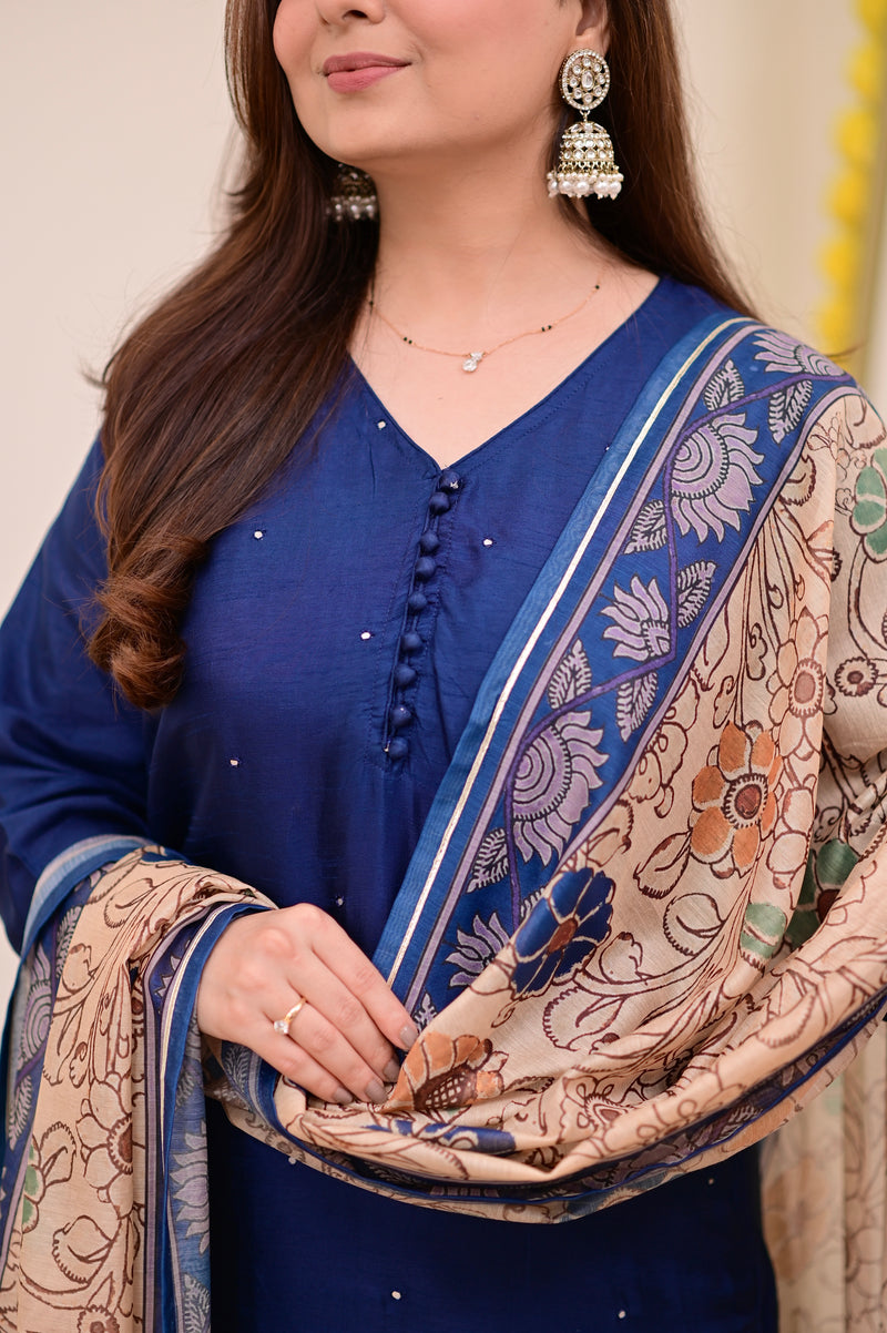 Navy Blue Chanderi Silk Kalamkari Suit