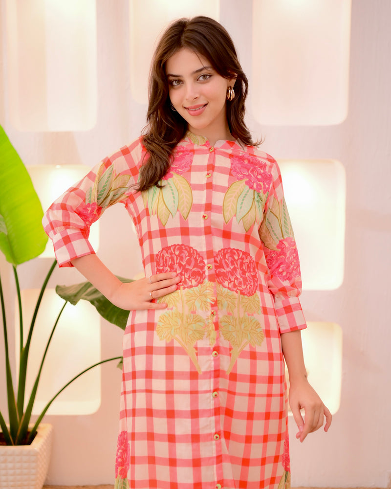 Peach Checkered Blossom A Line Cotton Kurta Set