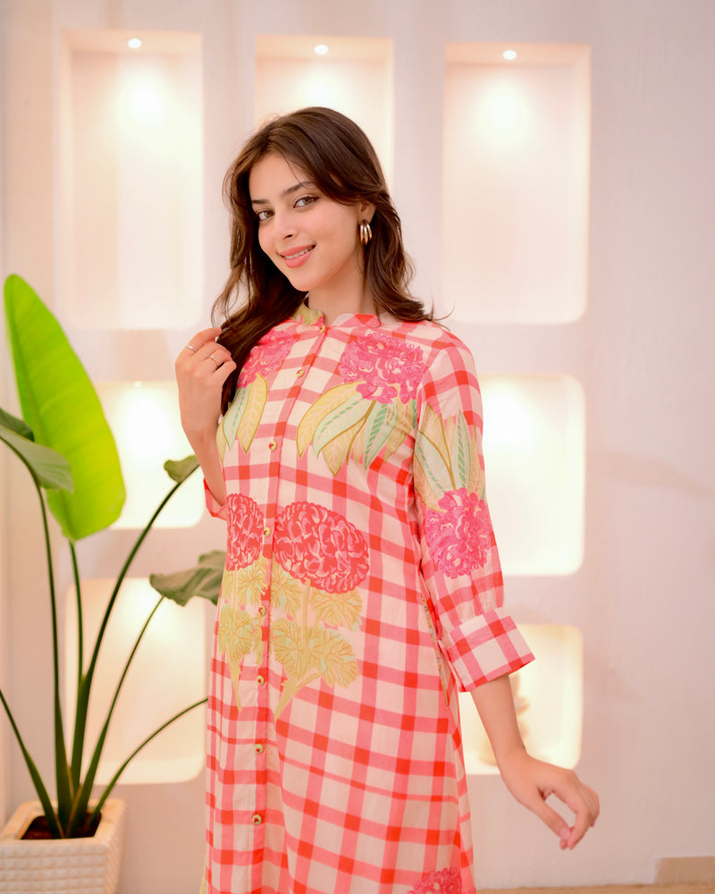 Peach Checkered Blossom A Line Cotton Kurta Set