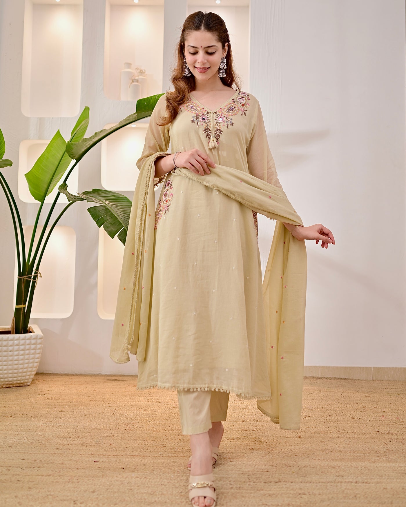 Champagne Bloom Mul Cotton Threadwork A Line Suit